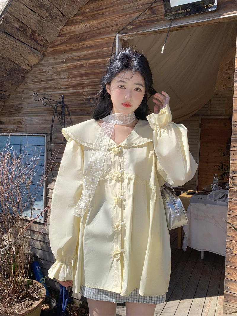 실사 봄 새로운 한 부서 달콤함 무거운 작업 베이비 칼라 3 차원 꽃 루즈핏 긴팔 셔츠