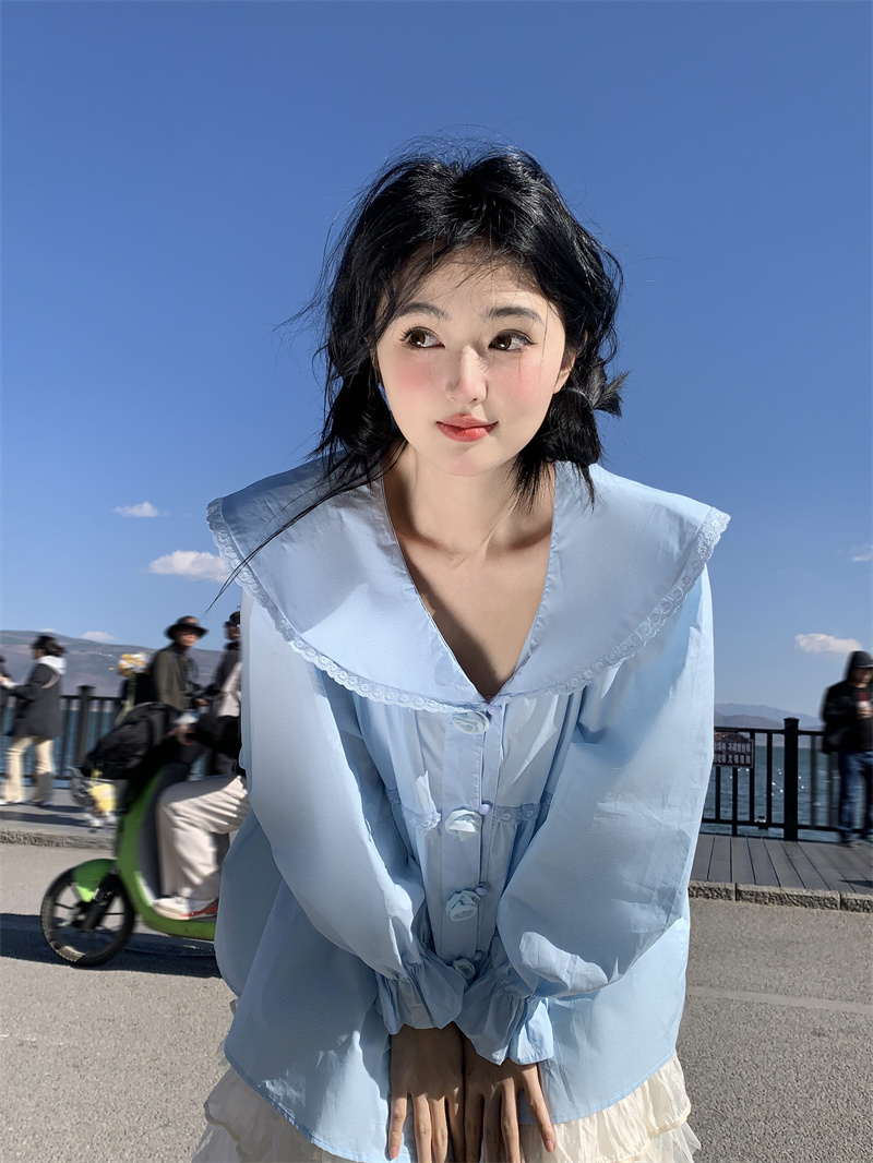 실사 봄 새로운 한 부서 달콤함 무거운 작업 베이비 칼라 3 차원 꽃 루즈핏 긴팔 셔츠