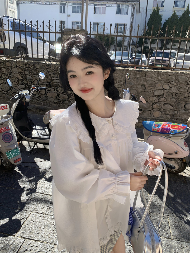 실사 새로운 한 부서 달콤함 연령 감소 베이비 칼라 프릴 루즈핏 긴팔 셔츠