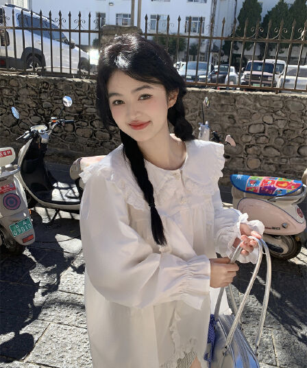 실사 새로운 한 부서 달콤함 연령 감소 베이비 칼라 프릴 루즈핏 긴팔 셔츠
