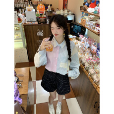 批发实拍~新款韩系<b class='q'>甜美</b>减龄彩色撞色拼接长袖宽松防晒衣衬衫