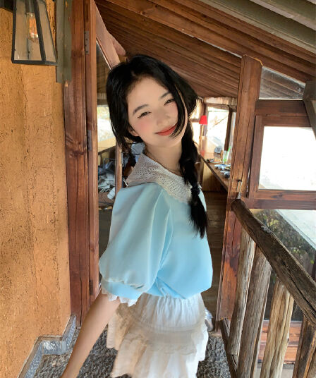 실사 새로운 한 부서 달콤함 레이스 패치워크 베이비 칼라 나비 매듭 루즈핏 티셔츠 맨위