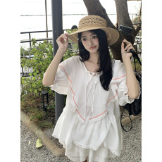 批发实拍~新款韩系甜美减龄拼接木耳边天丝娃娃衬衫+白色半身裙