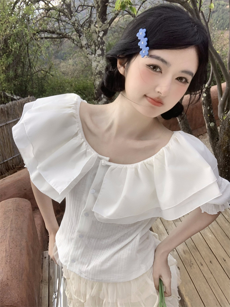 실사 새로운 한 부서 달콤함 연령 감소 패치워크 베이비 칼라 오프숄더 슬림해 보이는 티셔츠 맨위