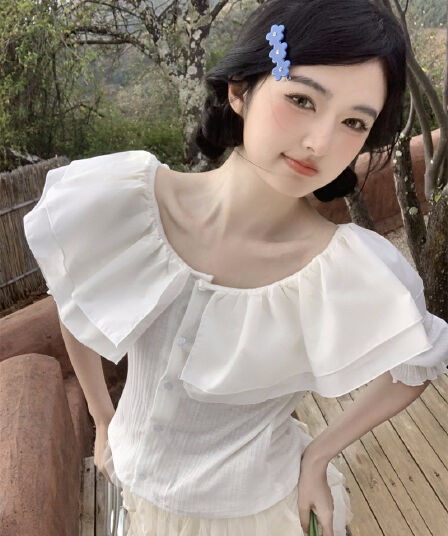 실사 새로운 한 부서 달콤함 연령 감소 패치워크 베이비 칼라 오프숄더 슬림해 보이는 티셔츠 맨위