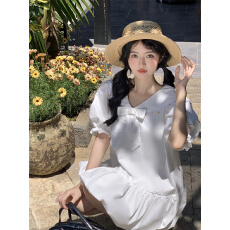 批发实拍~新款韩系甜美设计感蝴蝶结大<b class='q'>翻领</b>花苞短袖<b class='q'>连衣裙</b>