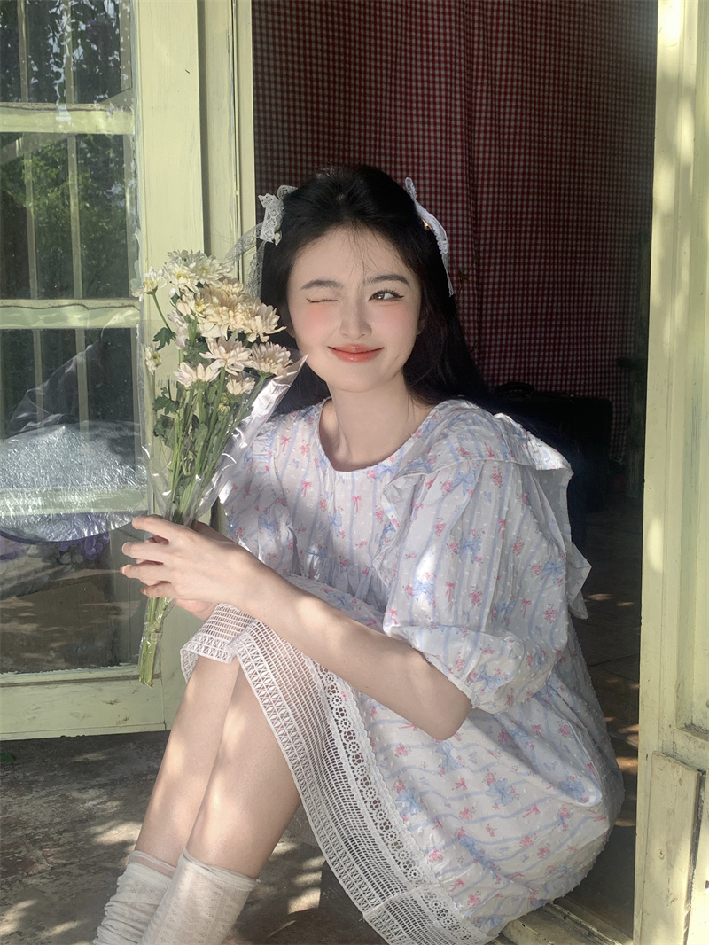 실사 맞춤 원단 한 부서 달콤함 3 차원 프린트 프릴 패치워크 레이스 루즈핏 드레스