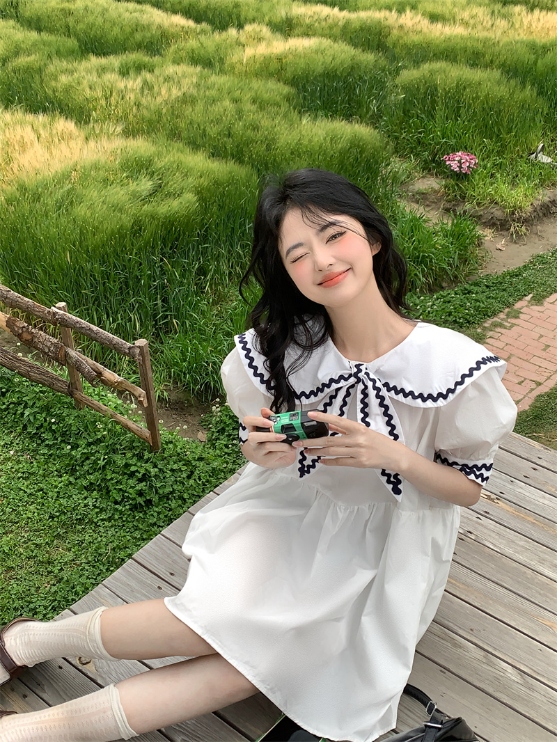 실사 새로운 한 부서 달콤함 연령 감소 무거운 작업 레이스 패치워크 나비 매듭 빅 칼라 루즈핏 드레스