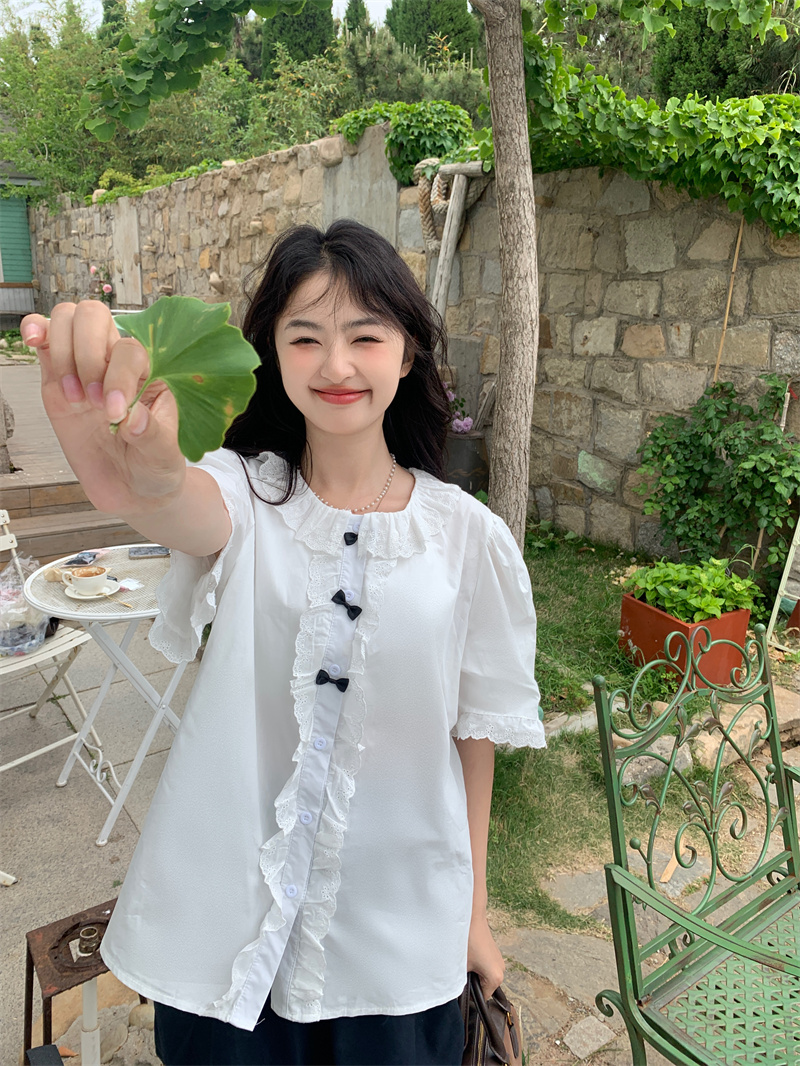 실사 새로운 한 부서 달콤함 연령 감소 레이스 프릴 나비 매듭 루즈핏 셔츠