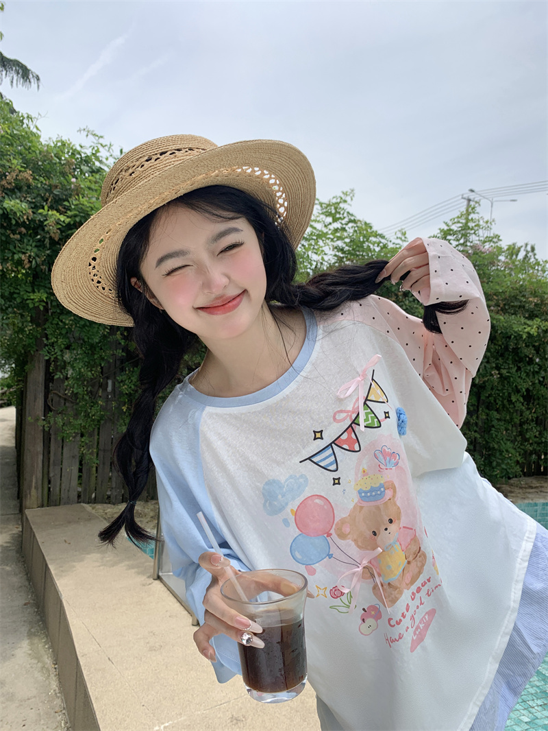 실사 새로운 한 부서 달콤함 연령 감소 프린트 배색 패치워크 얇은 스타일 자외선 차단 의류 티셔츠