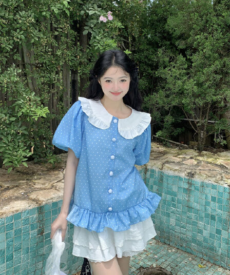 실사 새로운 한 부서 달콤함 연령 감소 배색 패치워크 베이비 칼라 거품 소매 루즈핏 셔츠