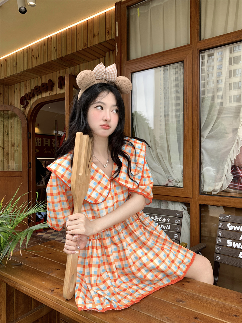 실사 새로운 한 부서 달콤함 연령 감소 베이비 칼라 패치워크 레이스 체크무늬 루즈핏 드레스