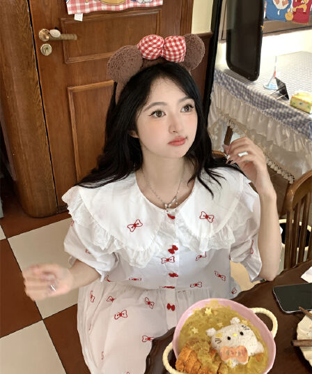 실사 새로운 한 부서 달콤함 연령 감소 무거운 작업 자수 나비 매듭 베이비 칼라 루즈핏 드레스