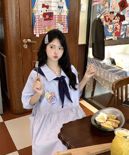 실사 새로운 한 부서 달콤함 연령 감소 학원 스타일 해군 칼라 프린트 주머니 루즈핏 스트라이프 드레스