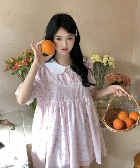 실사 새로운 한 부서 달콤함 연령 감소 레이스 조각 플리츠 베이비 칼라 루즈핏 드레스