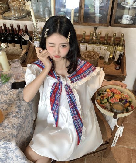 실사 새로운 한 부서 달콤함 연령 감소 무거운 작업 체크무늬 패치워크 나비 매듭 빅 칼라 루즈핏 드레스