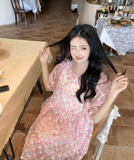 실사 새로운 한 부서 달콤한 연령 감소 무거운 작업 자수 프릴 루즈핏 반팔 드레스