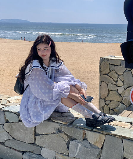 실사 새로운 한 부서 달콤함 연령 감소 무거운 작업 해군 칼라 넥타이 꽃밭 긴팔 드레스