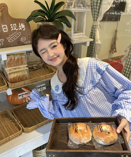 실사 새로운 한 부서 달콤함 무거운 작업 자수 배색 베이비 칼라 루즈핏 긴팔 셔츠