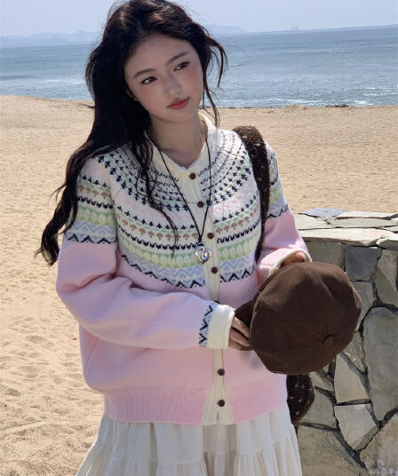 실사 새로운 한 부서 달콤함 연령 감소 자카드 두꺼운 긴팔 카디건 코트 스웨터