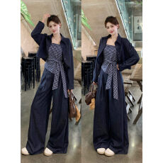 批发大码格子牛仔格子绑带吊带外套套装女2025新款慵懒休闲裤三件套女