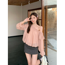 批发大码秋新款洋气温柔千金感灵动飘逸斜肩外穿设计感绑带衬衫上衣女
