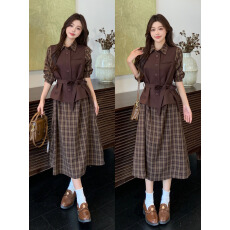 批发大码秋季新款洋气时尚格子连衣裙气质小香风马甲两件套时尚套装女