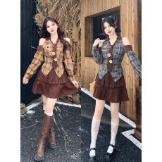 批发大码焦糖布丁美式复古露肩格子上衣女早秋高腰a字短裙两件套套装