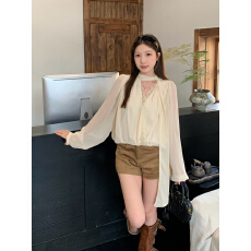 批发大码2025秋法式温柔风飘带领拼接蕾丝边宽松设计感气质衬衫上衣女