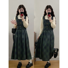 批发大码连衣裙子女2025秋冬新款小香学院风三件套韩剧穿搭套装长裙