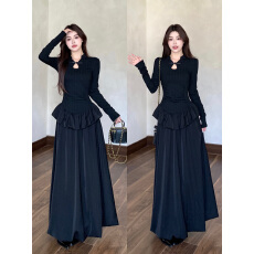 批发大码胖妹妹新中式立领盘扣长袖连衣裙女极简盘扣黑色长款蓬蓬裙女