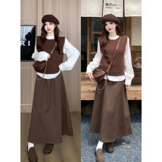 批发2025秋大码美拉德穿搭高级感大方得体棕色马甲衬衣半身裙三件套女