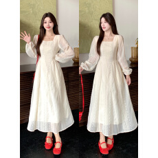 批发大码法式温柔杏雨梨云方领裙子女秋冬2025韩系千金感收腰气质长裙