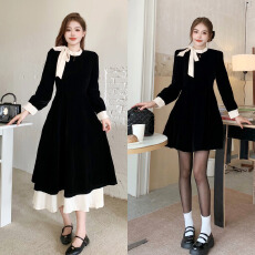 批发大码撞色蝴蝶结连衣裙女2025秋季法式荷叶边微胖显瘦小黑裙花苞裙