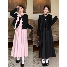 批发大码秋气质百搭法式小香风外套圆领温柔粉色长袖系带连衣裙两件套