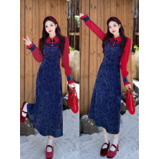 批发大码甜心欧蕾法式秋季新款撞色拼接显瘦长袖连衣裙红色蝴蝶结裙子