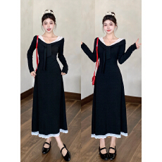 批发夜未央秋大码女装微胖mm显瘦蕾丝一字肩收腰长袖连衣裙宴会小黑裙