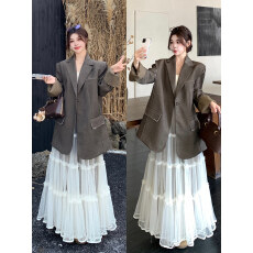 批发大码韩系复古咖色西装外套杏色半身裙两件套轻熟慵懒风时尚套装女