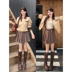 批发大码露思同款复古撞色翻领长袖夹克外套高腰百褶半身裙女时尚套装