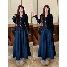 批发大码女装微胖m牛仔布针织坑条纽扣开衫A字半裙时尚显瘦两件装女