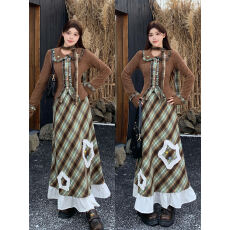 批发大码可可松露甜美风套装毛针织开衫上衣女秋冬格纹绣花长裙两件套