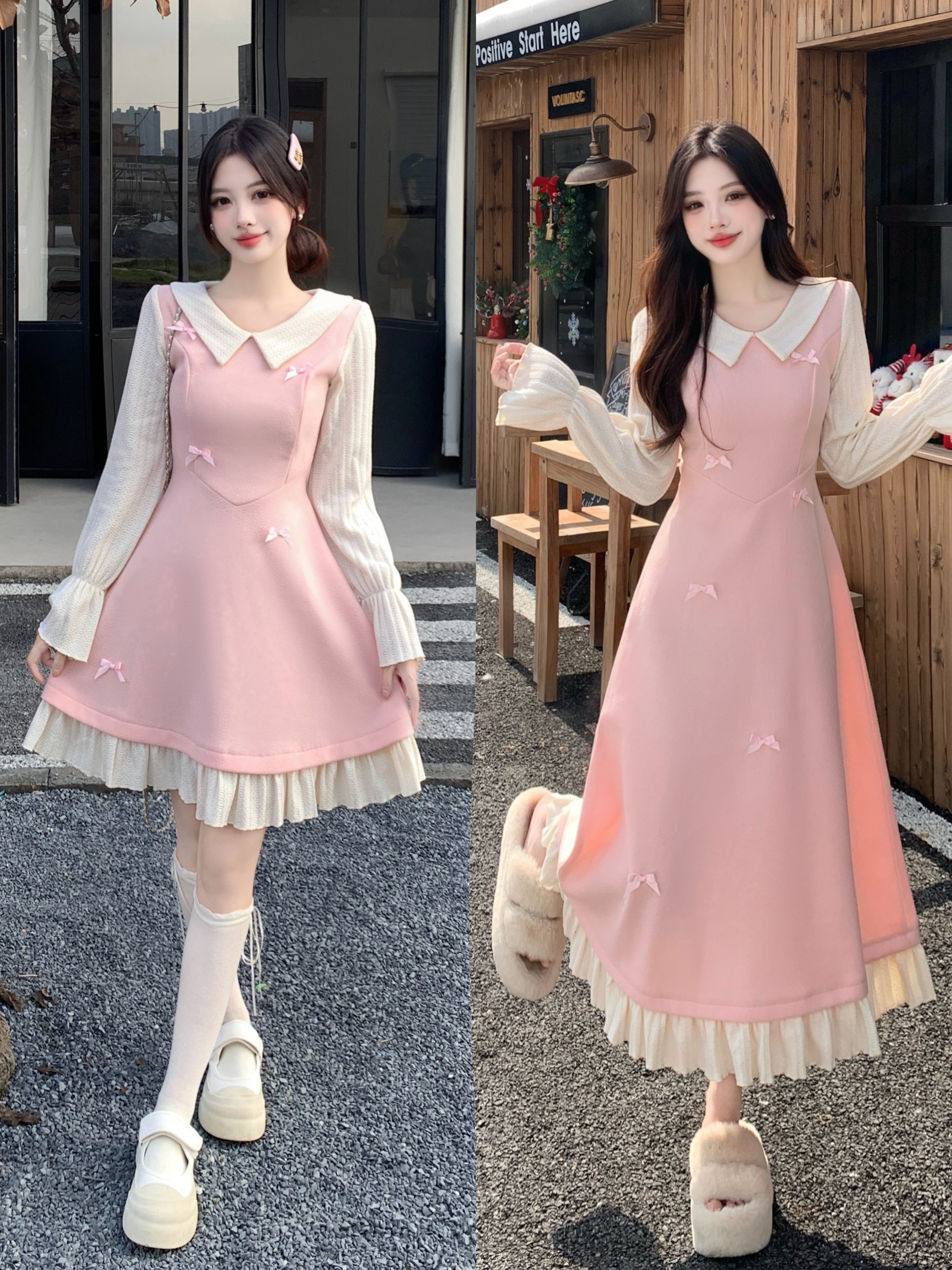 MY15094# 大码云端恋曲胖mm毛呢蝴蝶结娃娃领长袖连衣裙收腰显瘦A字...