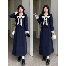 批发鸳鸯梦秋季法式高端精致大码显瘦时尚气质蝴蝶结系带上衣半裙套装