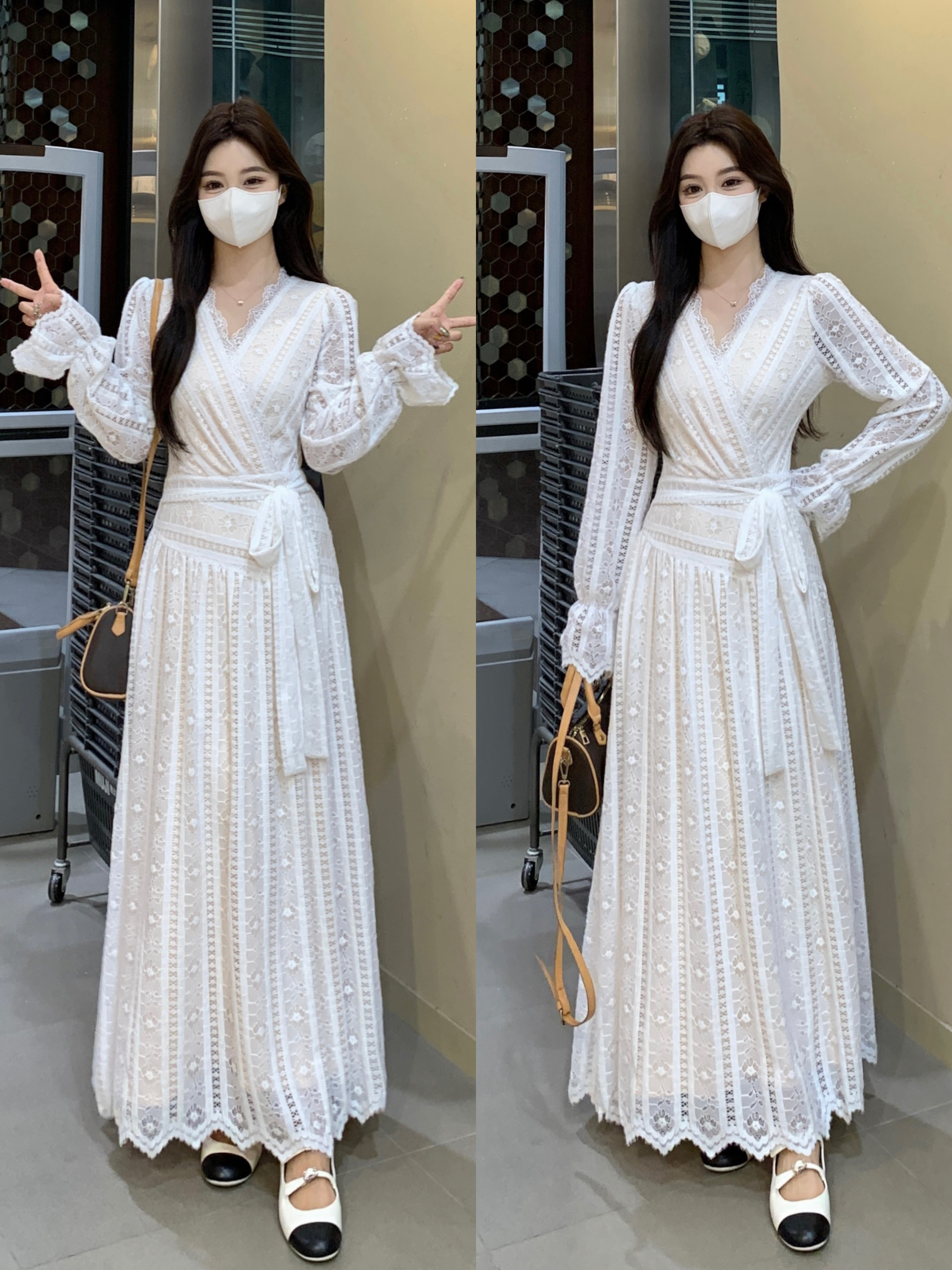 MY15091# 大码加绒设计感连衣裙收腰长袖蕾丝V领法式复古气质显瘦长裙...