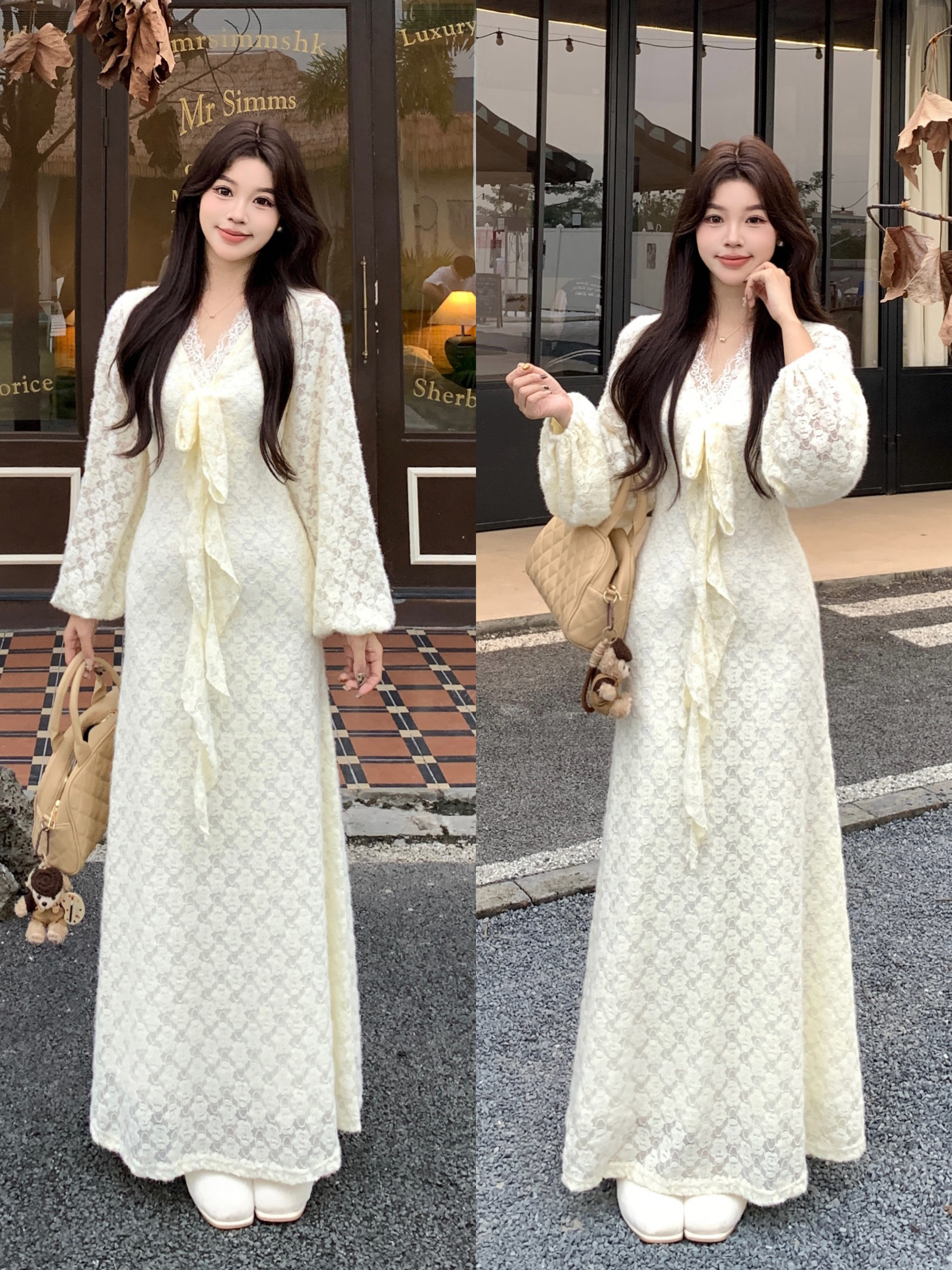 MY15096#大码韩系千金感收腰显瘦磨毛加绒气质法式温柔暖杏轻烟长裙女女...