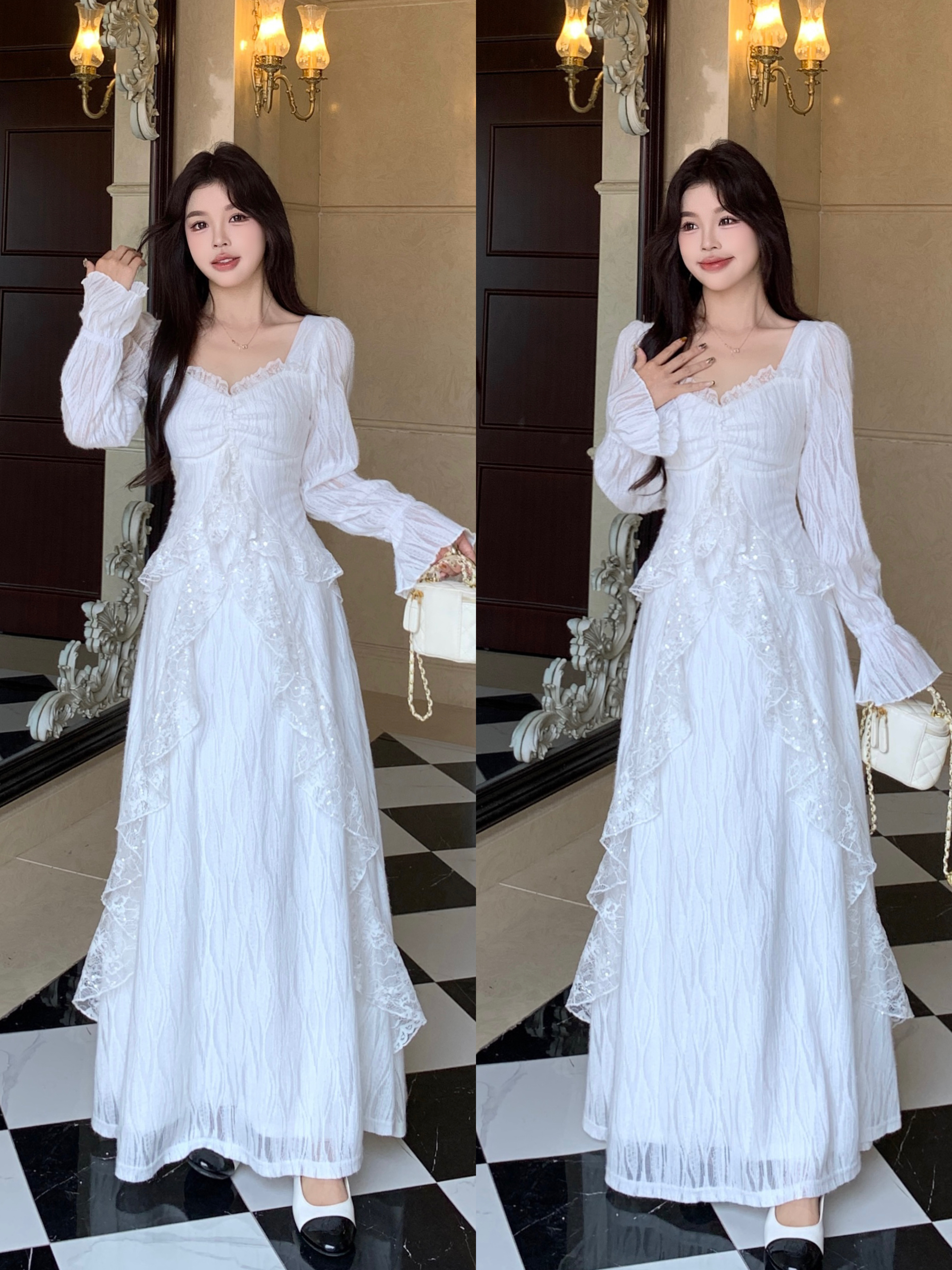 MY15095# 大码法式复古修身显瘦长袖花边连衣裙加绒别致独特雪梨糖霜长...