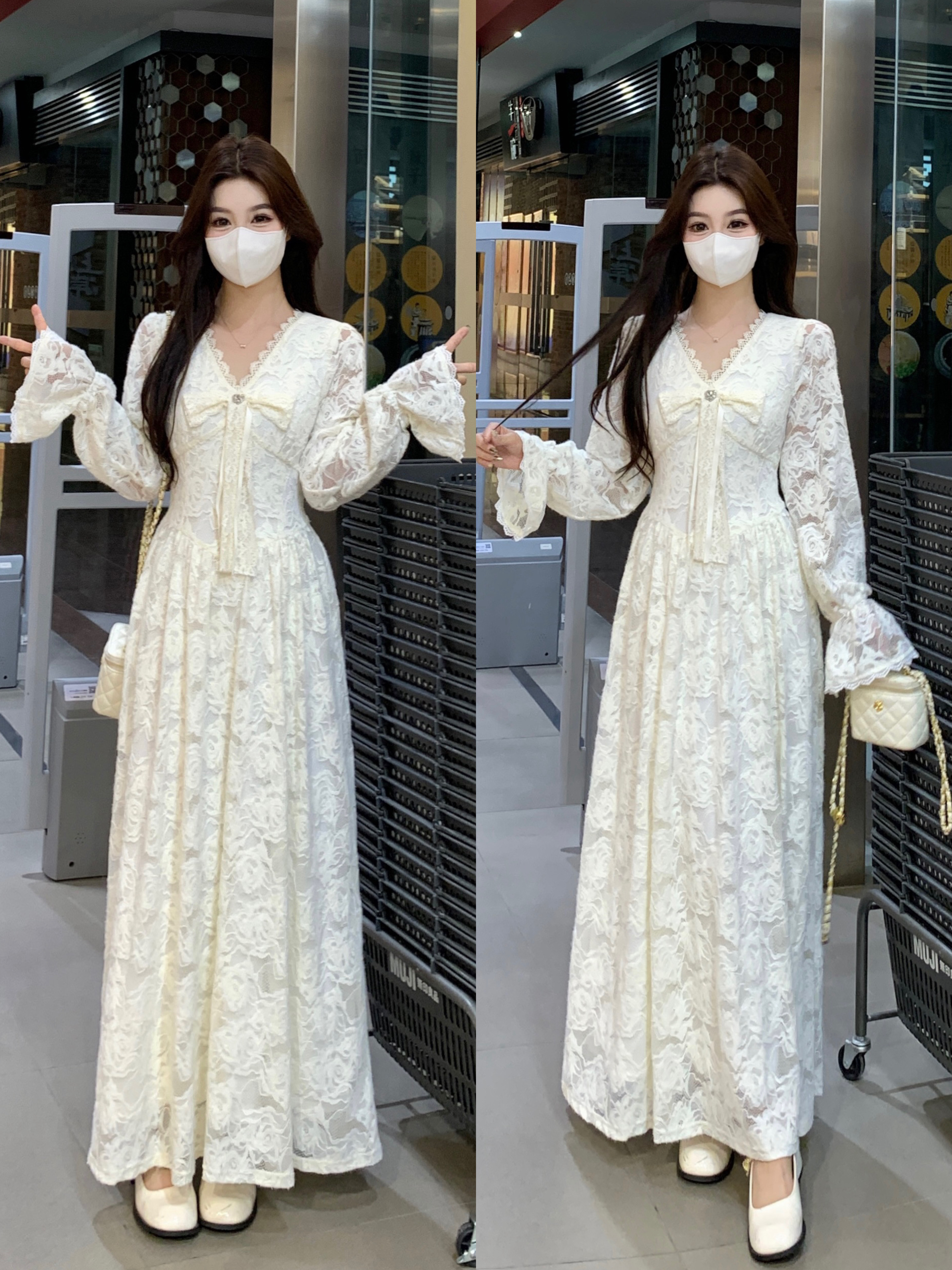 MY15090# 大码2冬雾月白兰蕾丝氛围感加绒长袖V领花边收腰长款连衣裙...