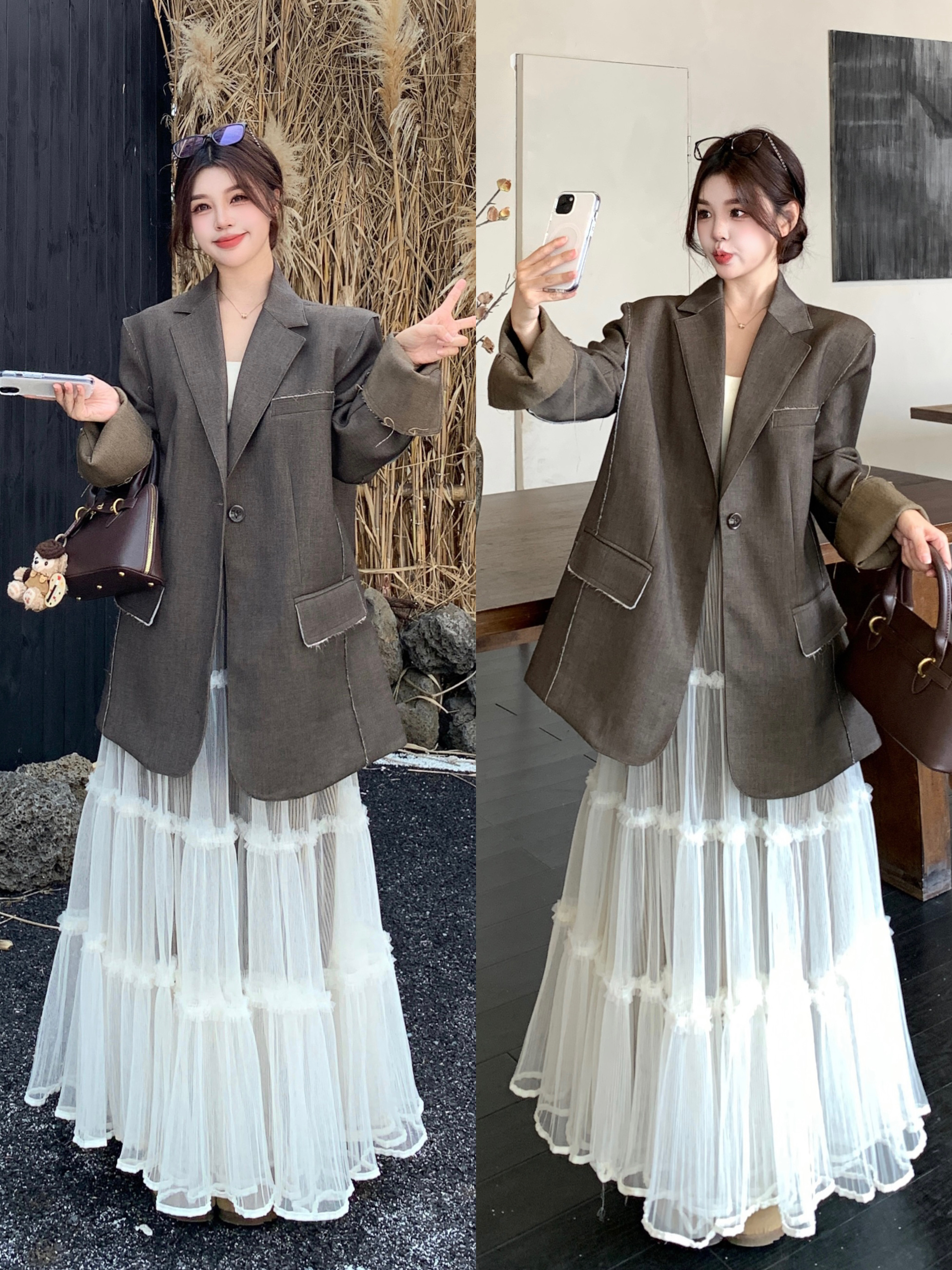 春大码韩复古咖色西装外套杏色半身裙两件套轻熟慵懒风套装女 服裝批發女裝批發服飾貨源