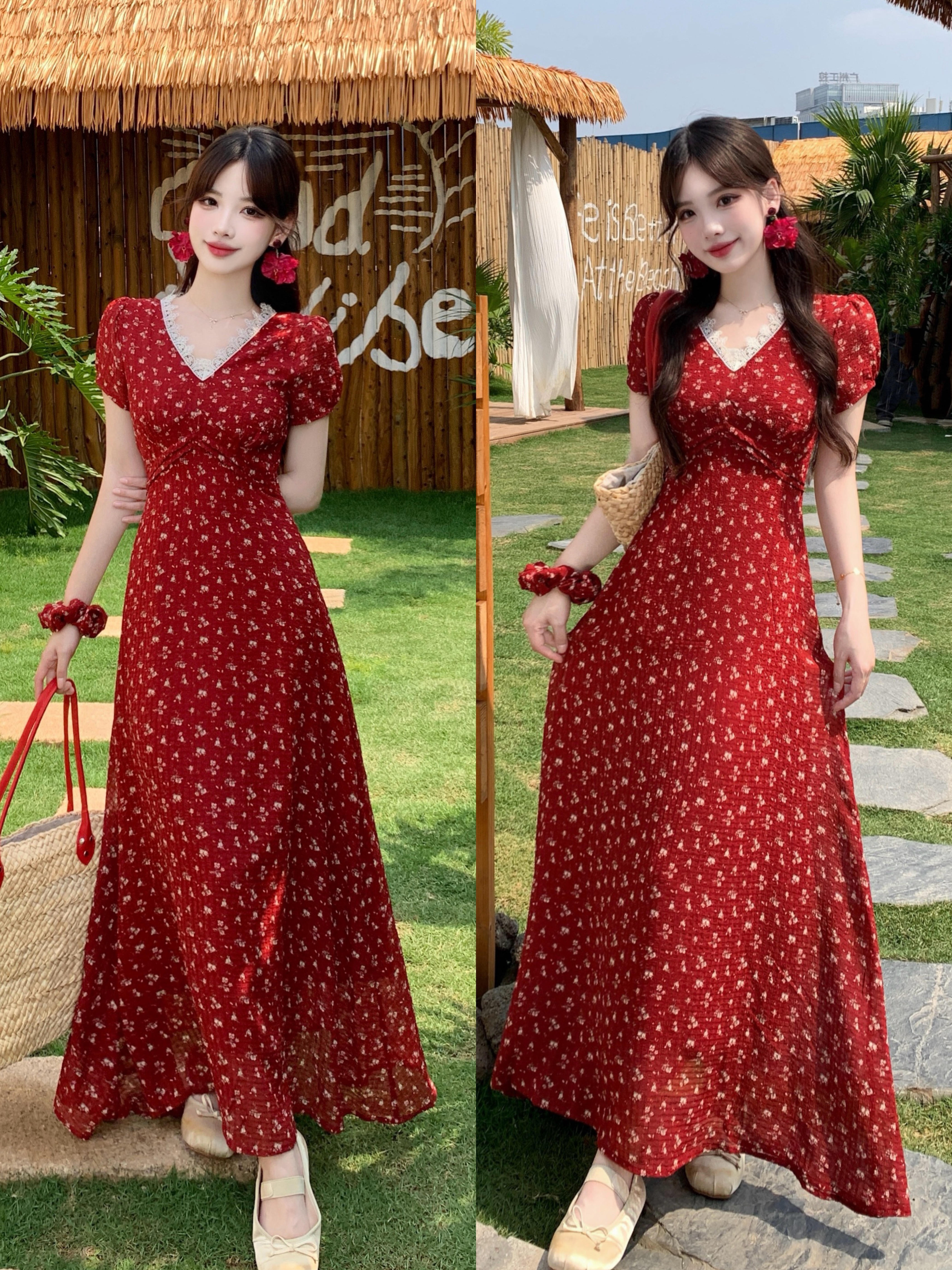 大码韩版石榴裙春夏法式复古设计感V领短袖碎花气质连衣裙女 服裝批發女裝批發服飾貨源