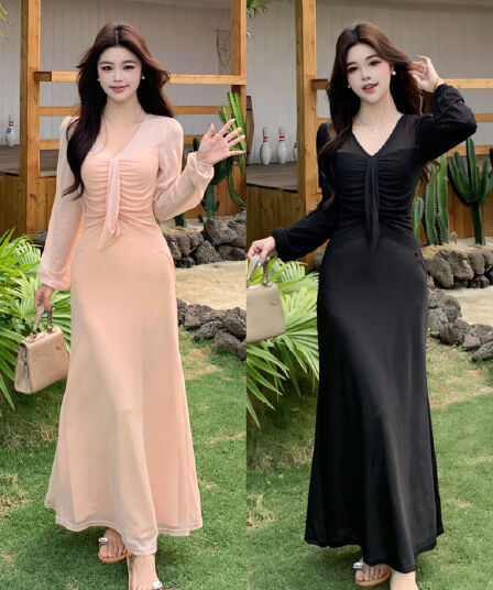 2026 봄 여름 빅 사이즈 루 떠 다니는 신기루 요정 가스 우아함 한 부서 품격 미니멀리즘 슬림해 보이는 긴팔 V넥 여성 드레스